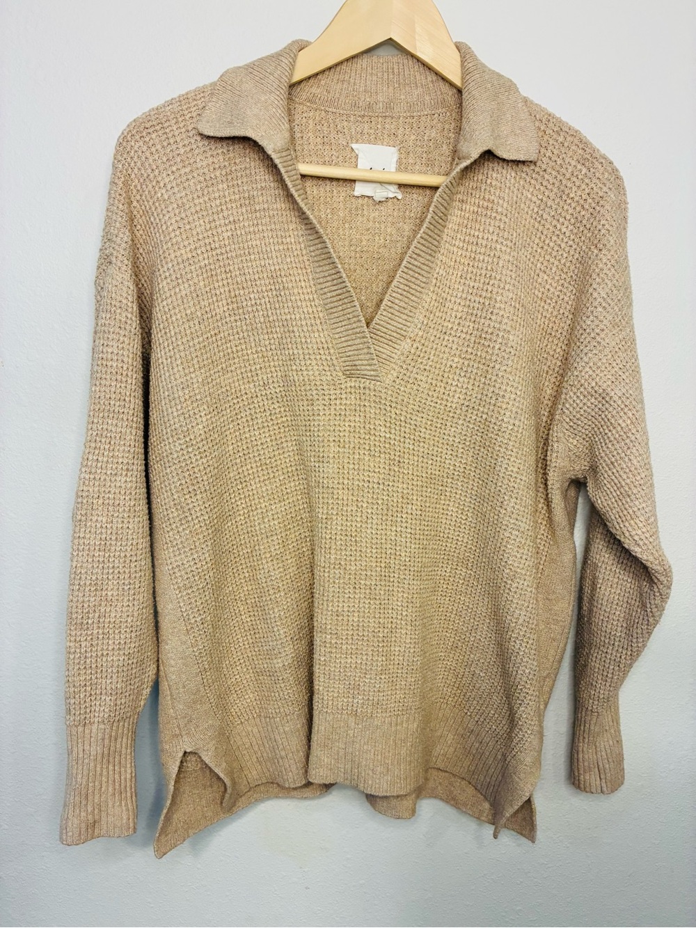 aerie Tan Collared V-Neck Knit Sweater